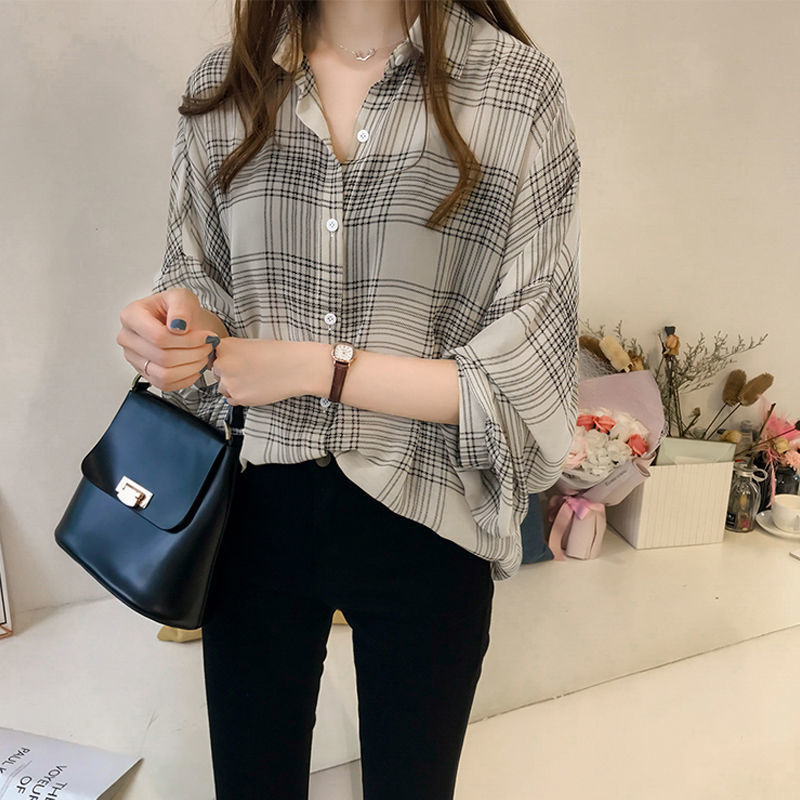 Fashion Casual Thin Chiffon Loose Batwing Sleeve Plaid Women Shirt 2022 Office Lady All-match Lapel Button Oversize Woman Blouse 0 DailyAlertDeals   