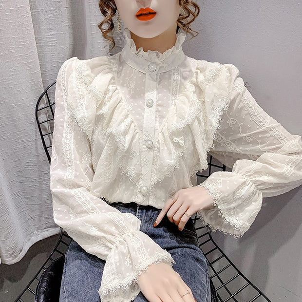 Korean Style Stand Collar Pleated Tops Fashion Ruffle Stitching Elegant Lace Blouse Long Sleeve Loose Chiffon Shirt Blusas 15832 0 DailyAlertDeals   