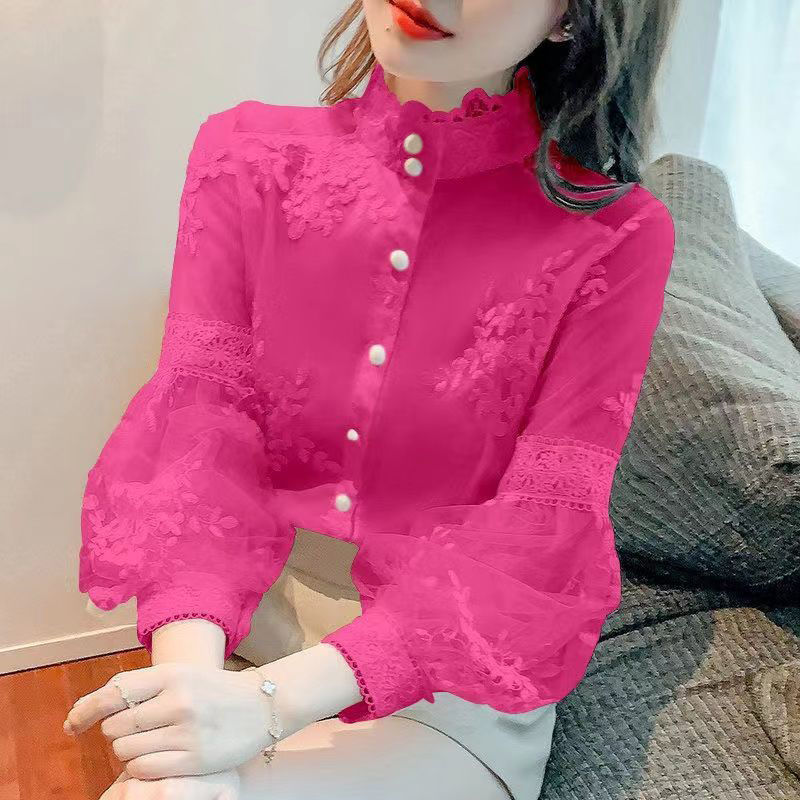 Lace Embroidered White Blouse Women Sweet Tops Stand Collar Elegant Chiffon Shirts Lantern Sleeve Vintage Blouses Women 21518 0 DailyAlertDeals Rose Red S 
