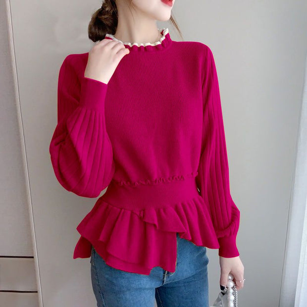 Fashion Ruffles Spliced Knitted Folds Asymmetrical Sweaters Women&#39;s Clothing 2022 Autumn New Loose Casual Pullovers Korean Tops 0 DailyAlertDeals Rose Red XS 