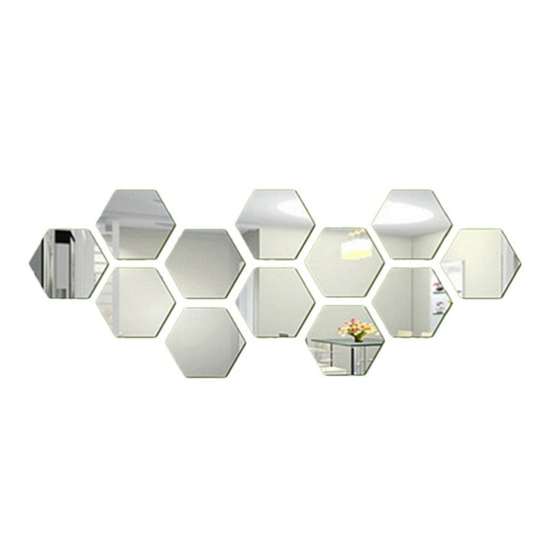 6/12Pcs 3D Mirror Wall Sticker Home Decor Hexagon Decorations DIY Removable Living-Room Decal Art Ornaments For Home 3d wall Mirror Stickers DailyAlertDeals 12PCS Silver XS 46x40x23mm 