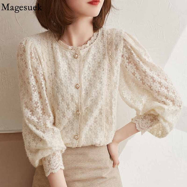 Elegant Lace Crochet Women&#39;s Blouse Sweet Autumn Vintage Flowers Button Shirt O Neck Casual Loose Long Sleeve Blouses Tops 16619 0 DailyAlertDeals   