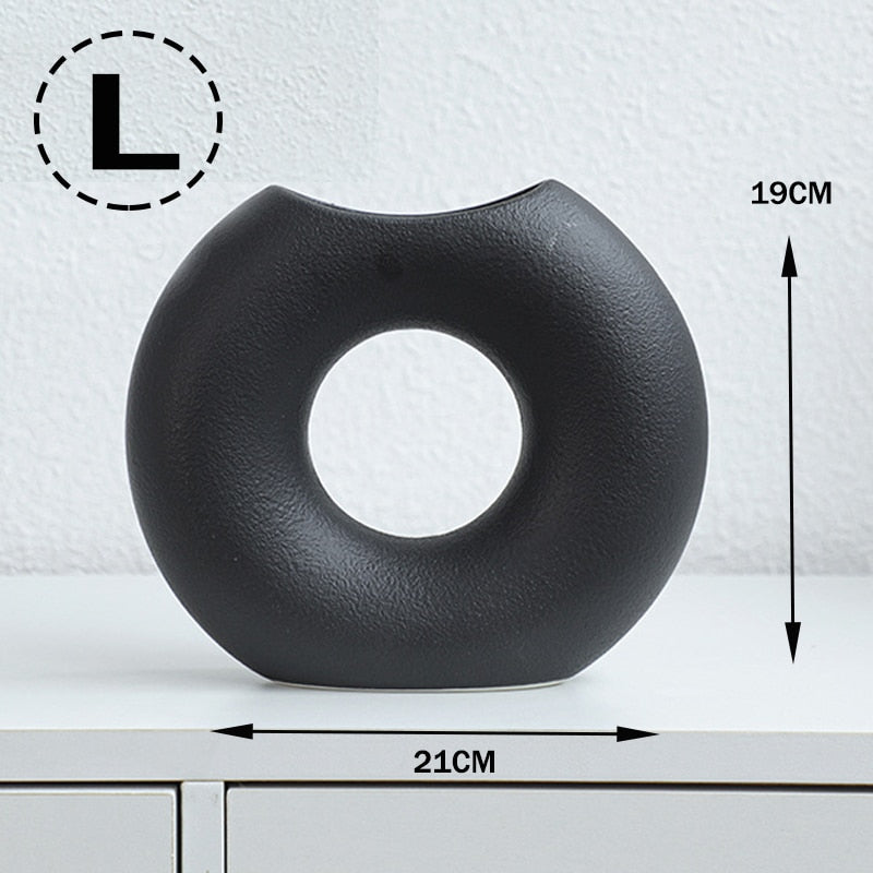 Nordic Modern Ceramic Vases for Decor Circular Hollow Donuts Vases for Flowers Pot Home Living Room Decoration Accessories Interior Office Desktop Decor Gift Vases DailyAlertDeals L- ban yue Hei  