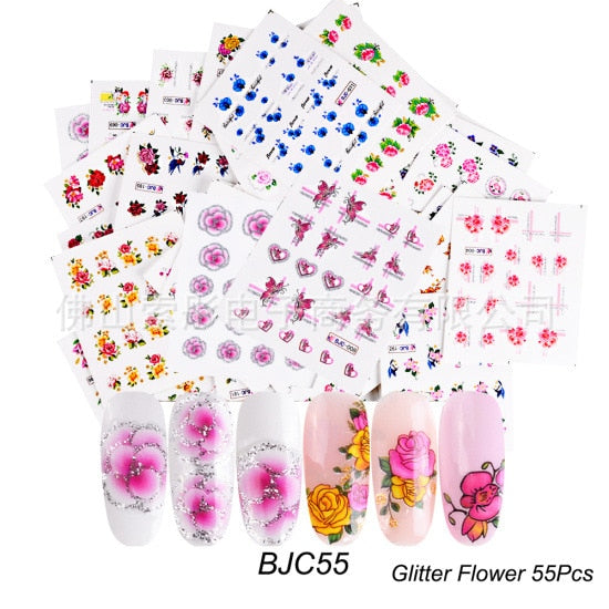 18-50Pcs/Set Mixed Design New Nail Art Sticker Set Black Lace Gold Silver Glitter Flower Water Decal Slider Wraps Decor Manicure Nail Sticker DailyAlertDeals BJC55(55pcs)  