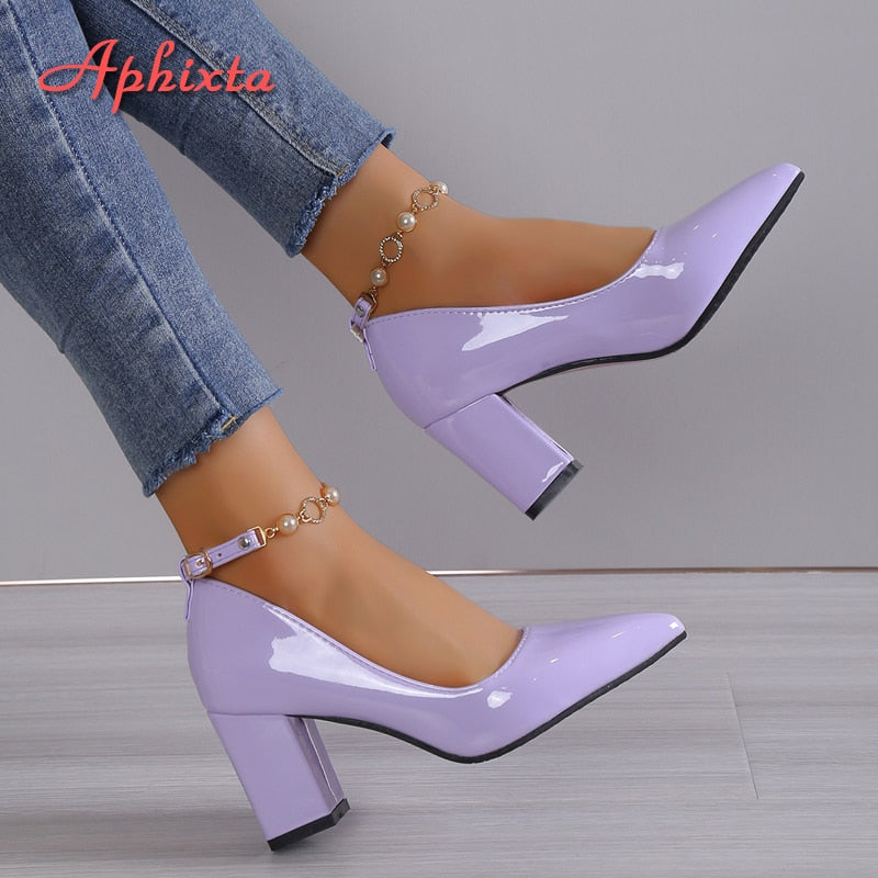 Aphixta 2023 New Luxury Rhinestone Pearl Chain 7cm Chunky Heels Pumps Women Shoes String Bead Pointed Toe Bling Crystals Pumps shoes DailyAlertDeals Purple 36  (23.0cm) 