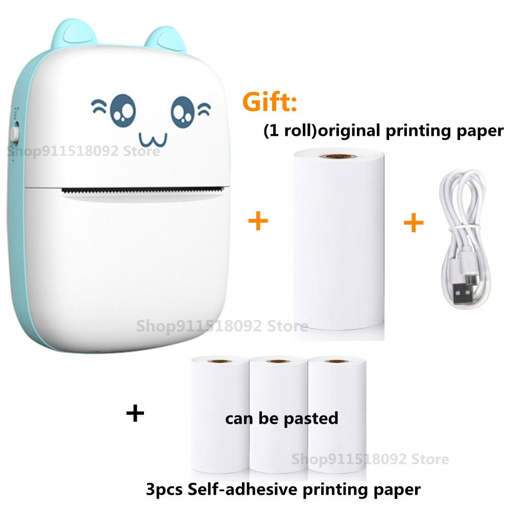 Cat Shape Mini Portable Label Printer Thermal Printing Wireless Impresoras Paper Photo Inkless Printers Sticker Android IOS 57mm Mini printer DailyAlertDeals A-Blue ad 3 adhesive China 