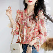 Elegant Fashion Bow Lace Chiffon Floral Blouse Woman 2022 Autumn New Office Lady Commute All-match Loose Printed Ruffles Shirts 0 DailyAlertDeals   