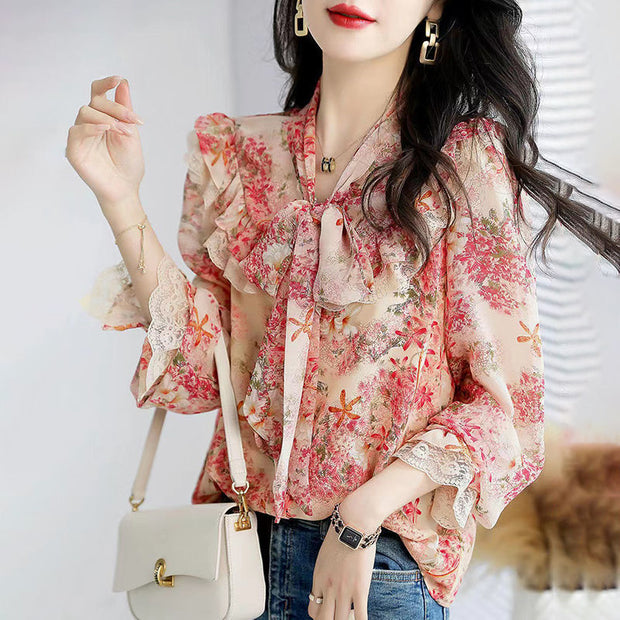 Elegant Fashion Bow Lace Chiffon Floral Blouse Woman 2022 Autumn New Office Lady Commute All-match Loose Printed Ruffles Shirts 0 DailyAlertDeals   