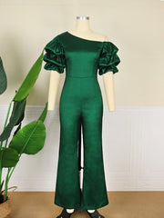 Women Jumpsuits Shiny Skew Collar Puff Sleeves High Waist One Piece Slim Elegant Office Ladies Summer Fashion Party Elegant New High Waist One Piece Slim Elegant Suit for women DailyAlertDeals   
