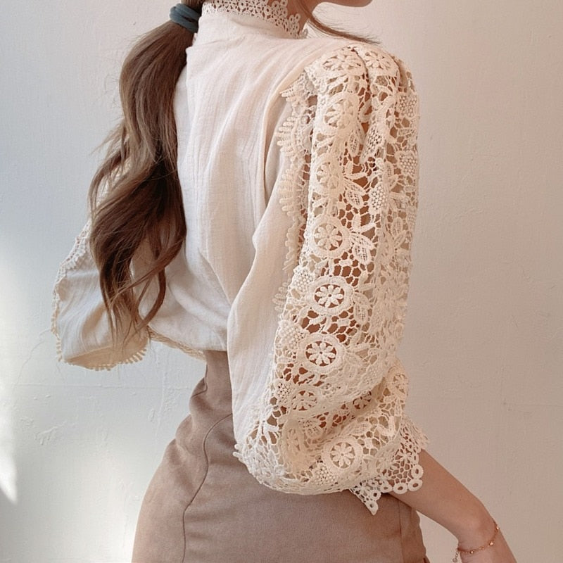 Chic Hollow Out Flower Lace Shirt Stand-Collar All-Match Summer Blouses 2022 Petal Sleeve Patchwork Women Top Femme Blusas 12419 0 DailyAlertDeals   