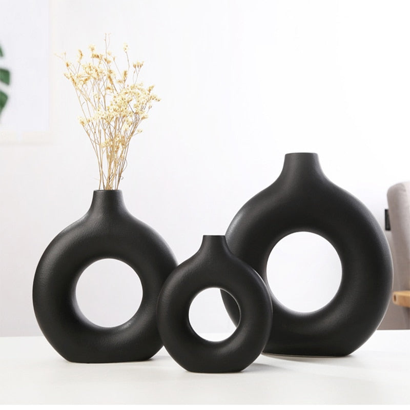 Nordic Modern Ceramic Vases for Decor Circular Hollow Donuts Vases for Flowers Pot Home Living Room Decoration Accessories Interior Office Desktop Decor Gift Vases DailyAlertDeals   