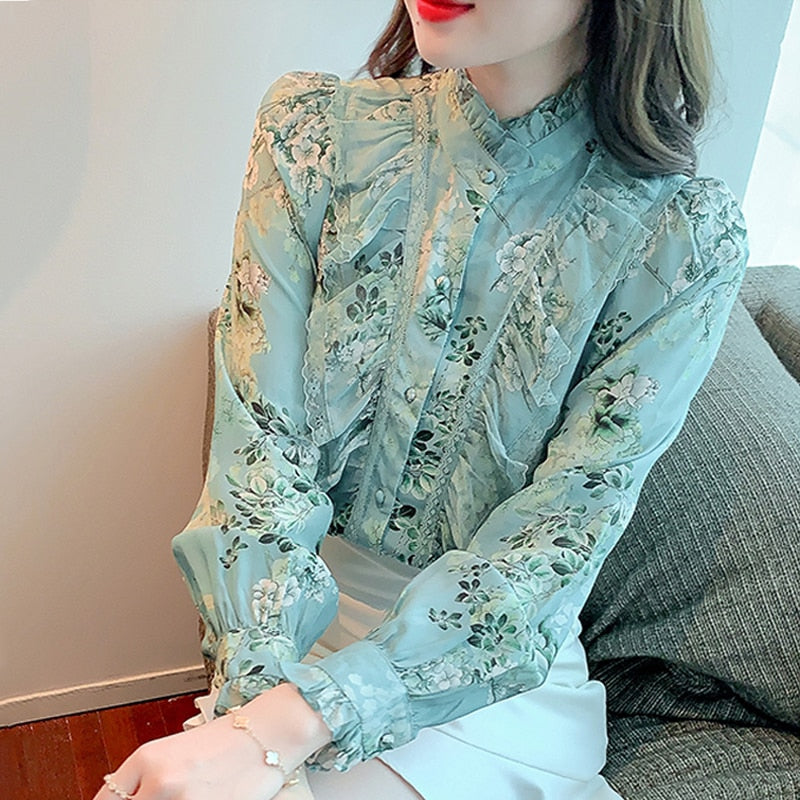 Floral Printed Elegant Blouse Women 2022 Fashion Long Sleeve Ruffle Lace Shirt Women Stand Collar Vintage Lady Blouses Top 18757 0 DailyAlertDeals   