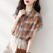 Fashion Plaid Printed Lapel Button Short Sleeve Chiffon Blouse Summer Plus Size Commute Tops Loose Casual Women Clothing Shirt 0 DailyAlertDeals   
