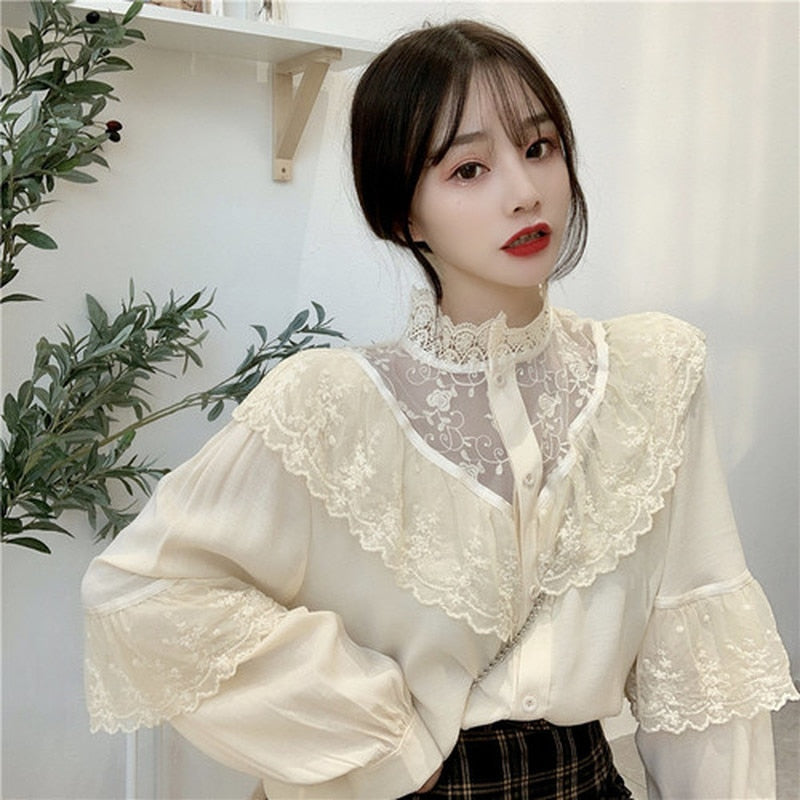 Autumn Korean Sweet Loose Clothes Lace Up Ruffled Women Blouses Fashion Stand Collat Ladies Tops Vintage Lace Shirts Women 11335 0 DailyAlertDeals Apricot M 