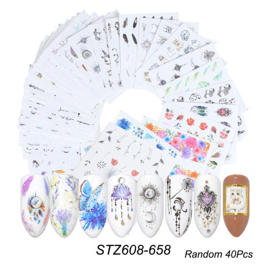18-50Pcs/Set Mixed Design New Nail Art Sticker Set Black Lace Gold Silver Glitter Flower Water Decal Slider Wraps Decor Manicure Nail Sticker DailyAlertDeals STZ608-658 (40pcs)  