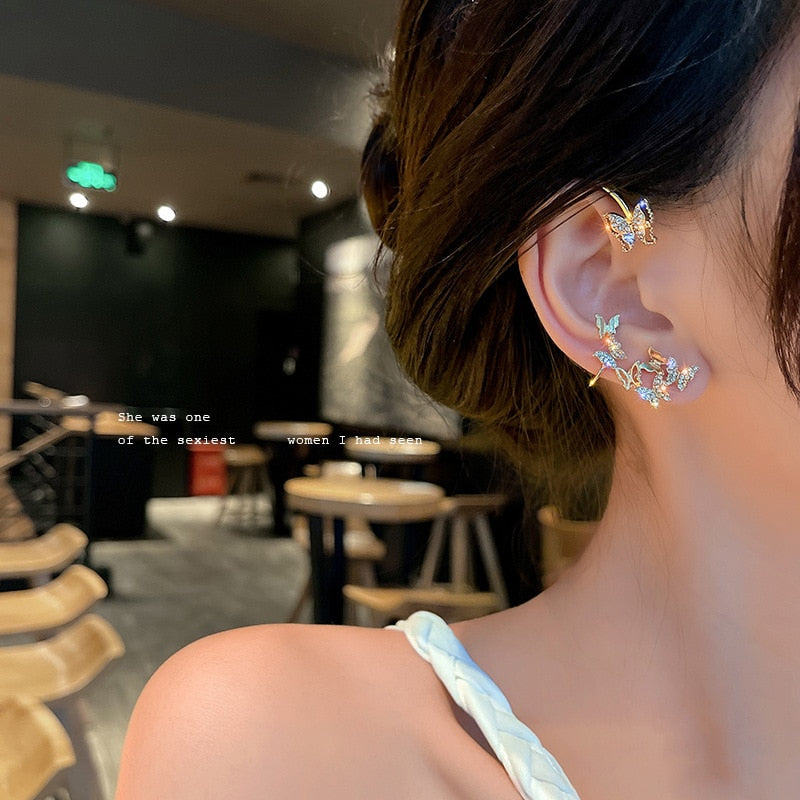 Shining Zircon Butterfly Ear Cuff Earrings for Women Girls Fashion 1pc Non Piercing Ear Clip Ear-hook Party Wedding Jewelry Gift 0 DailyAlertDeals D right ear gold  