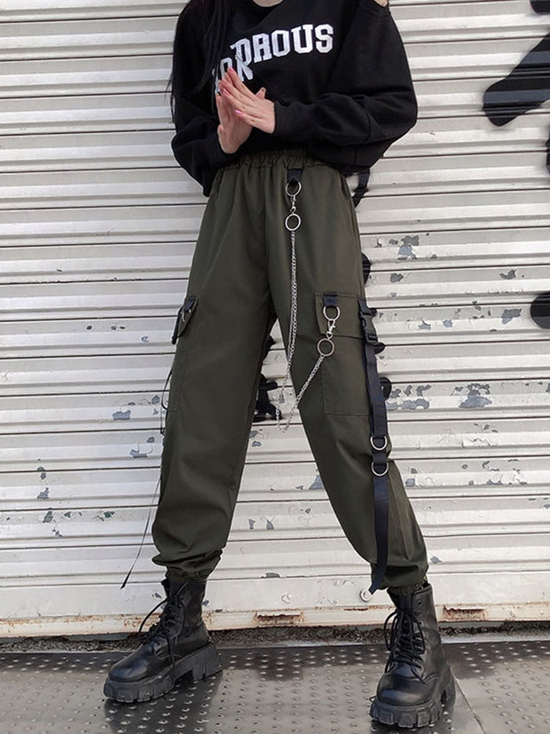 Women Cargo Pants 2021 Harem Pants Fashion Punk Pockets Jogger Trousers With Chain Harajuku Elastics High Waist Streetwear 0 DailyAlertDeals Army Green S 