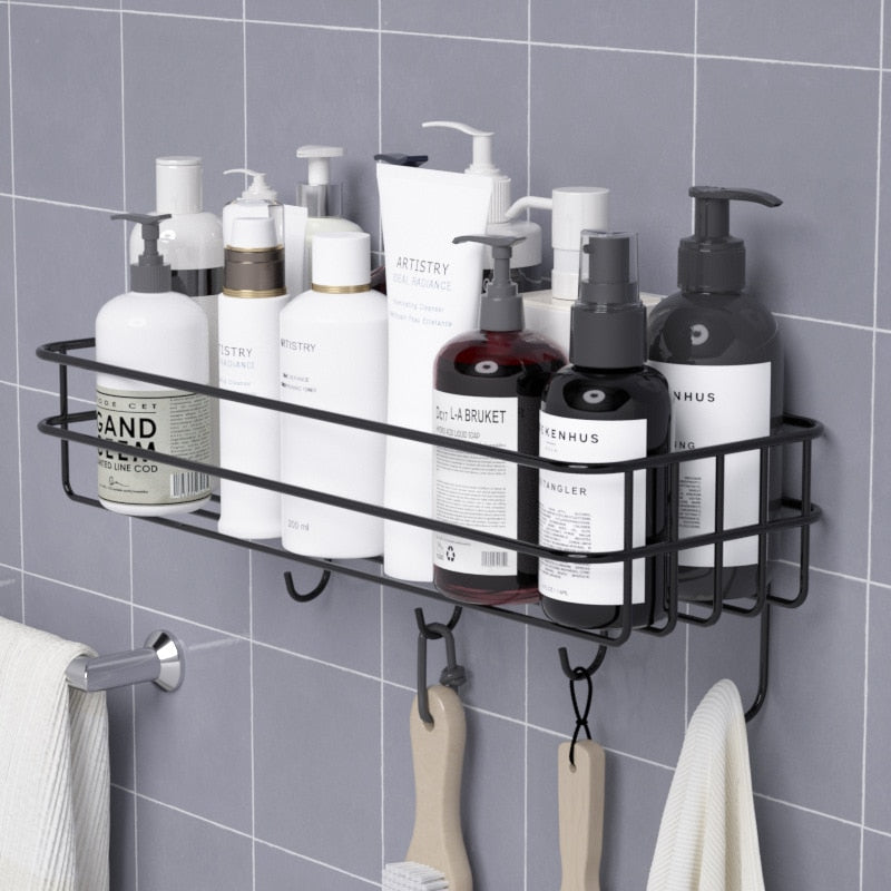 Japanese-style wrought iron bathroom shelf wall-mounted shower gel storage rack toilet free punch toiletry stand bathroom shelf DailyAlertDeals C BLACK  