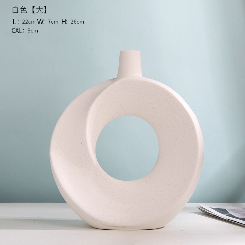 Nordic Modern Ceramic Vases for Decor Circular Hollow Donuts Vases for Flowers Pot Home Living Room Decoration Accessories Interior Office Desktop Decor Gift Vases DailyAlertDeals NIUWEN H P-W-L  