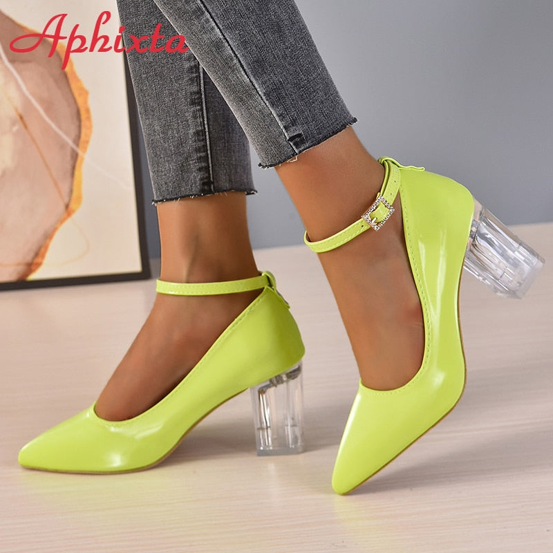 Aphixta 2023 New Luxury Rhinestone Pearl Chain 7cm Chunky Heels Pumps Women Shoes String Bead Pointed Toe Bling Crystals Pumps shoes DailyAlertDeals   