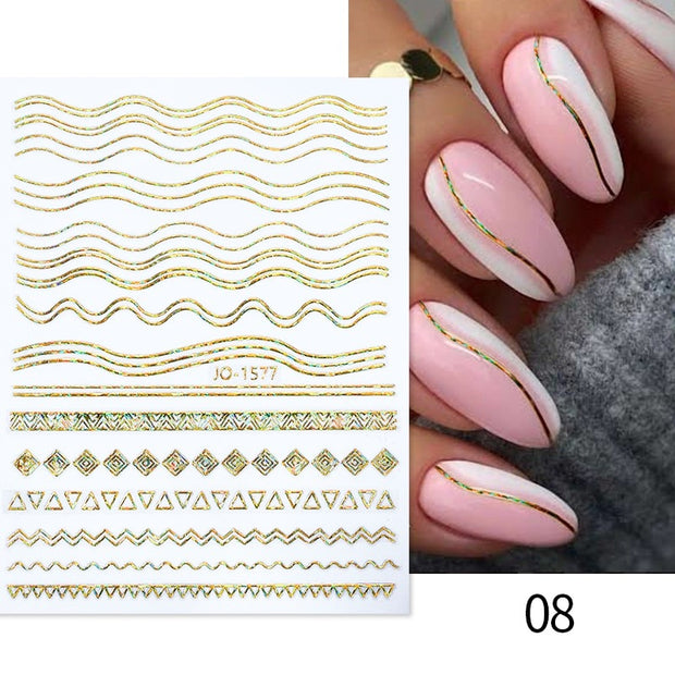 French 3D Nail Decals Stickers Stripe Line French Tips Transfer Nail Art Manicure Decoration Gold Reflective Glitter Stickers nail art DailyAlertDeals A08  