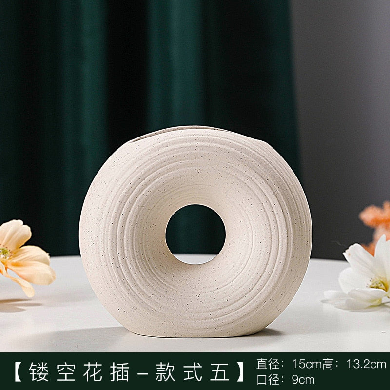 Nordic Modern Ceramic Vases for Decor Circular Hollow Donuts Vases for Flowers Pot Home Living Room Decoration Accessories Interior Office Desktop Decor Gift Vases DailyAlertDeals G  