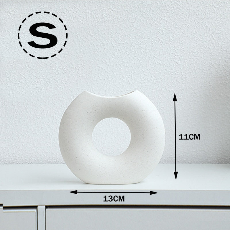 Nordic Modern Ceramic Vases for Decor Circular Hollow Donuts Vases for Flowers Pot Home Living Room Decoration Accessories Interior Office Desktop Decor Gift Vases DailyAlertDeals S - ban yue Bai  