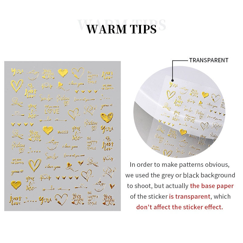 The New Heart Love Design Gold Sliver 3D Nail Art Sticker English Letter French Striping Lines Trasnfer Sliders Valentine Decor Nail Stickers DailyAlertDeals   