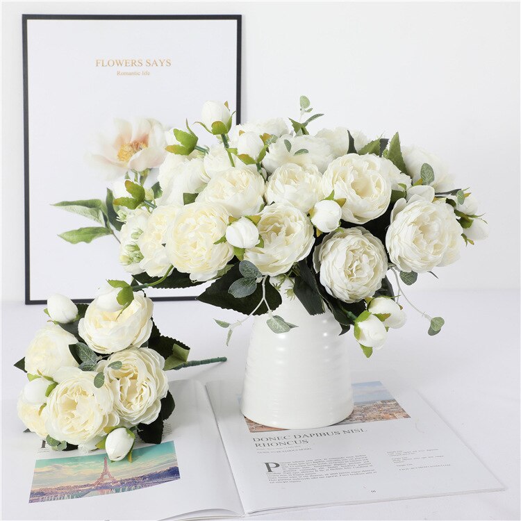 30cm Rose White Peony Artificial Flora Flowers Bouquet 5 Big Head and 4 Bud Cheap Fake Flowers for Home Wedding Decoration Indoor Artificial flora flowers DailyAlertDeals   