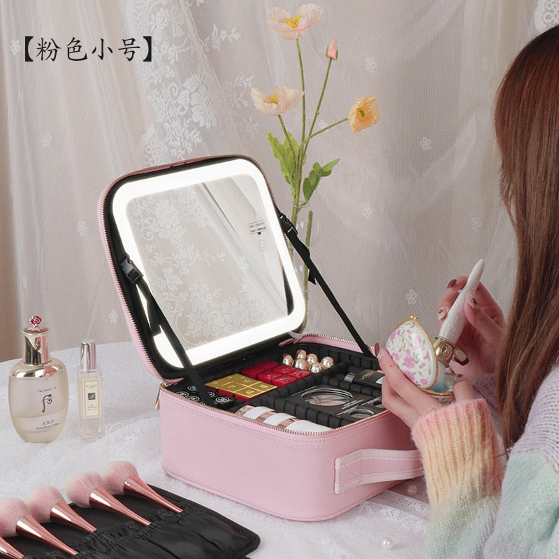 2022 Smart LED Cosmetic Case with Mirror Cosmetic Bag Large Capacity Fashion Portable Storage Bag Travel Makeup Bags for Women Cosmetic & Toiletry Makeup Bags with Mirror DailyAlertDeals   