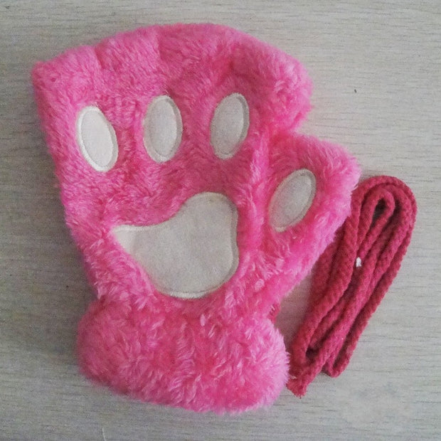 Fashion Girls Lovely Cat Claw Paw Plush Mittens Warm Soft Plush Short Fingerless women Leisure Bear Cat Gloves Half Finger Gifts Paws Gloves DailyAlertDeals rose red One Size 