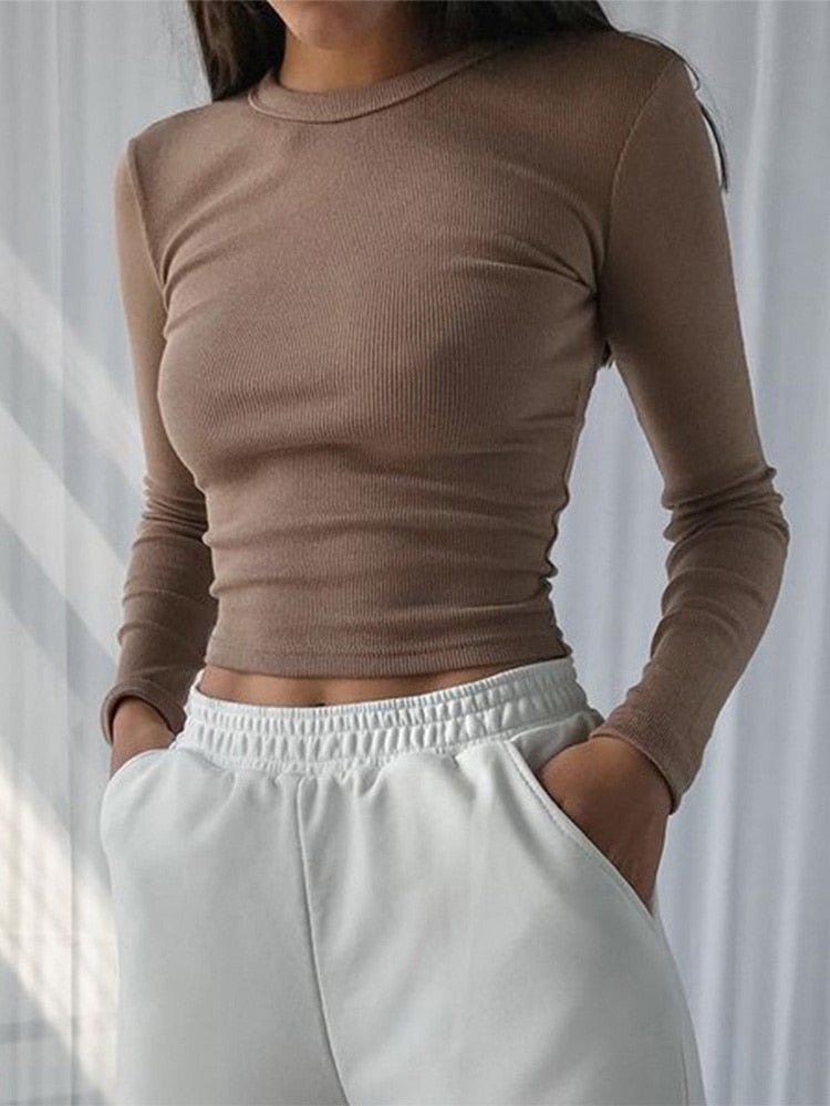 O Neck Long Sleeve Shirt Women Ribbed Sexy Cropped Tops 2022 Spring Black Casual Skinny Slim Basic Woman T Shirts White 0 DailyAlertDeals   