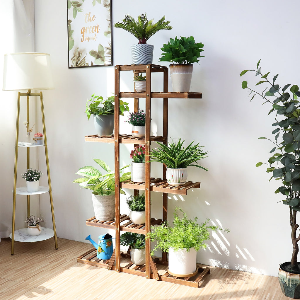 6 Tier Wooden Plant Stand Carbonized Wood Plant Stand Holder Flower Display Stand Flower Pot Rack Bonsai Display Bench Patio She 6 Tier Wooden Plant Stand Carbonized DailyAlertDeals   