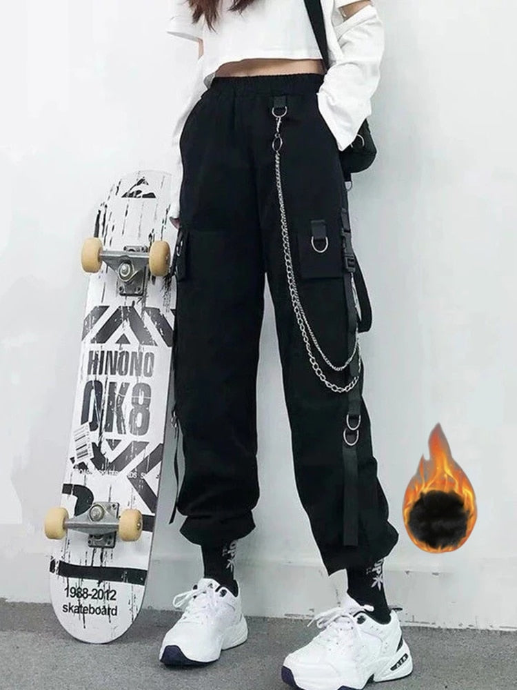 Women Cargo Pants 2021 Harem Pants Fashion Punk Pockets Jogger Trousers With Chain Harajuku Elastics High Waist Streetwear 0 DailyAlertDeals Black with velvet S 