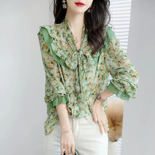 Elegant Fashion Bow Lace Chiffon Floral Blouse Woman 2022 Autumn New Office Lady Commute All-match Loose Printed Ruffles Shirts 0 DailyAlertDeals Green S 