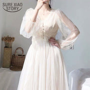 2022 Women Spring New Dress Vintage Elegant with Button A-Line Dress Solid Puff Sleeve Lace Voile Mesh Dress Women Vestidos 8126 0 DailyAlertDeals   