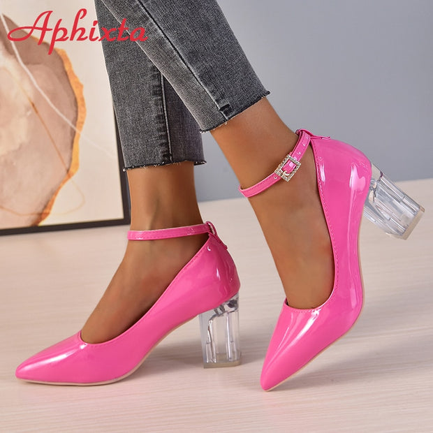 Aphixta 2023 New Luxury Rhinestone Pearl Chain 7cm Chunky Heels Pumps Women Shoes String Bead Pointed Toe Bling Crystals Pumps shoes DailyAlertDeals   