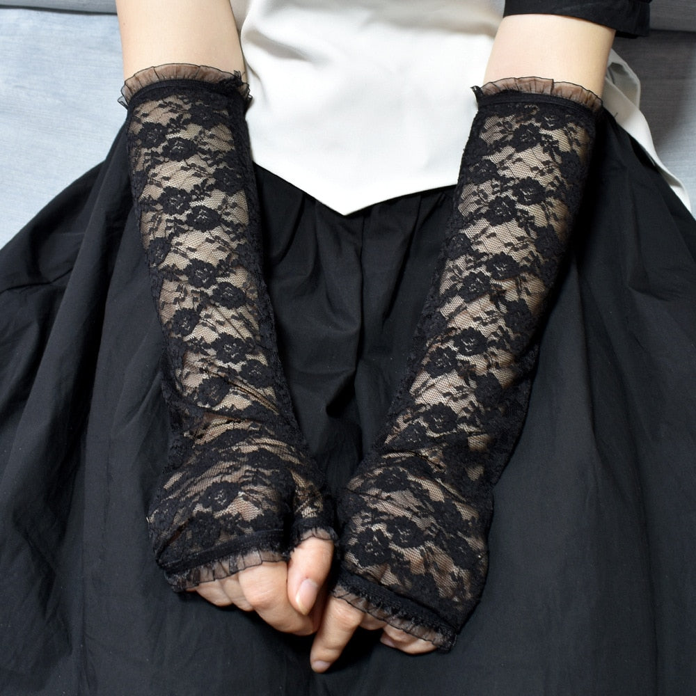 Black Punk long Fingerless Gloves Cuff Women Men Ninja Sport Outdoor Hip-hop GlovesElbow Mittens Cool Stretch winter Arm Warmer Gloves DailyAlertDeals 5 One Size 