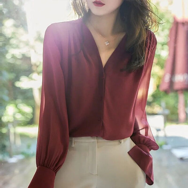 Elegant Summer Gauze Long Sleeve Solid Color Button V-neck Blouses Straight Loose Chiffon Thin Comfortable Women&#39;s Clothing 2022 0 DailyAlertDeals Burgundy M 