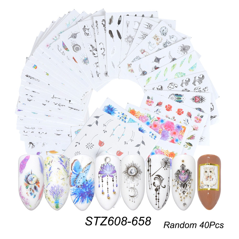 18-50Pcs/Set Mixed Design New Nail Art Sticker Set Black Lace Gold Silver Glitter Flower Water Decal Slider Wraps Decor Manicure Nail Sticker DailyAlertDeals   