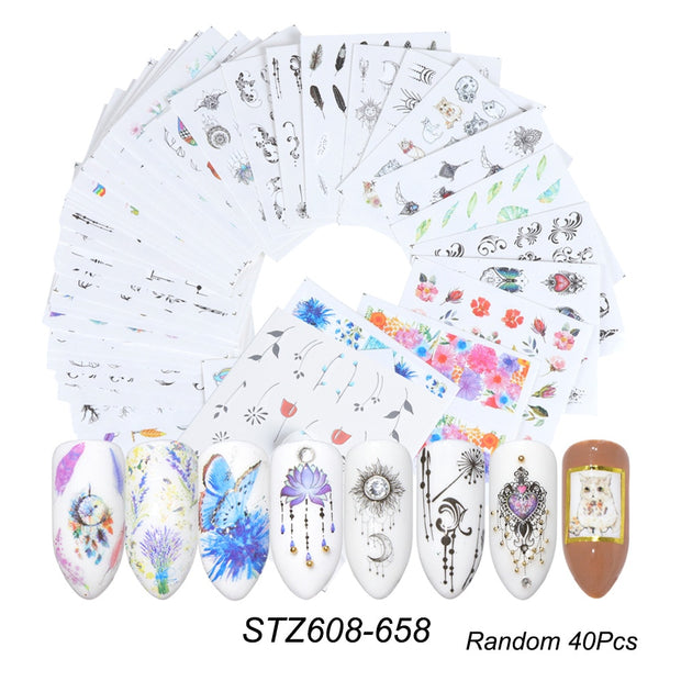18-50Pcs/Set Mixed Design New Nail Art Sticker Set Black Lace Gold Silver Glitter Flower Water Decal Slider Wraps Decor Manicure Nail Sticker DailyAlertDeals   