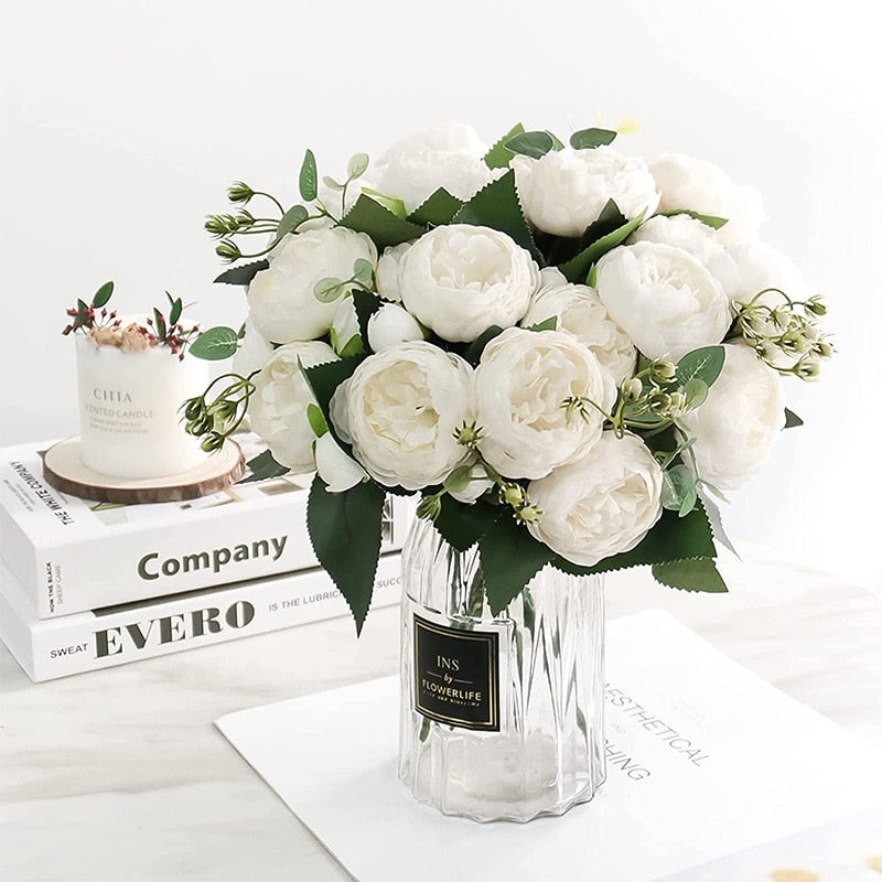 30cm Rose White Peony Artificial Flora Flowers Bouquet 5 Big Head and 4 Bud Cheap Fake Flowers for Home Wedding Decoration Indoor Artificial flora flowers DailyAlertDeals   