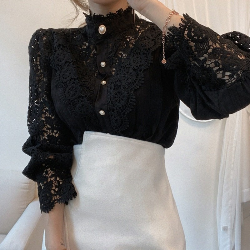 Chic Hollow Out Flower Lace Shirt Stand-Collar All-Match Summer Blouses 2022 Petal Sleeve Patchwork Women Top Femme Blusas 12419 0 DailyAlertDeals black S 