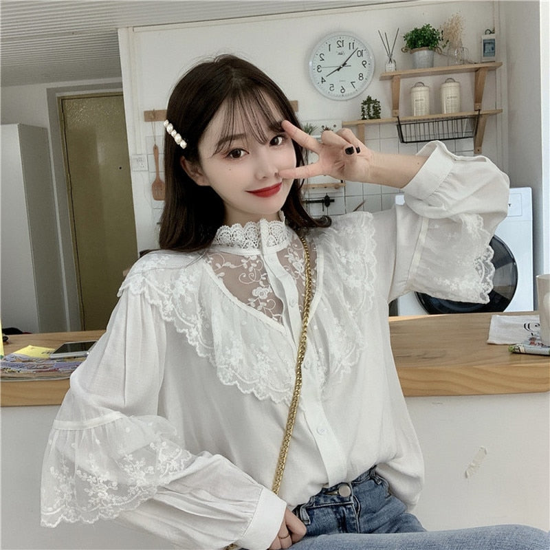 Autumn Korean Sweet Loose Clothes Lace Up Ruffled Women Blouses Fashion Stand Collat Ladies Tops Vintage Lace Shirts Women 11335 0 DailyAlertDeals   