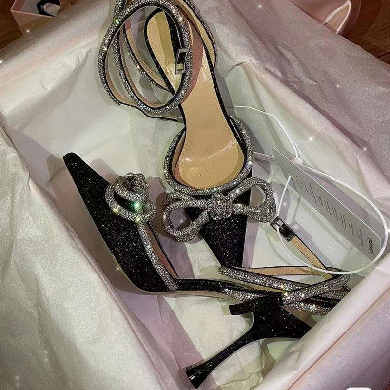 Runway style Glitter Rhinestones Women Pumps Crystal bowknot Satin Summer Lady Shoes Genuine leather High heels Party Prom Shoes High heels shoes DailyAlertDeals   