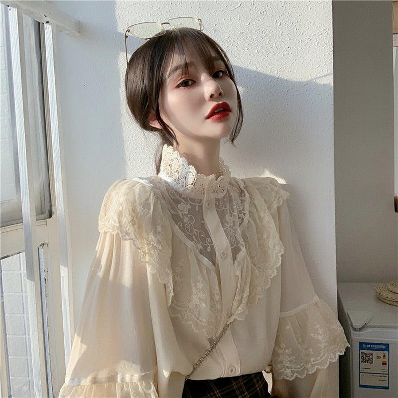 Autumn Korean Sweet Loose Clothes Lace Up Ruffled Women Blouses Fashion Stand Collat Ladies Tops Vintage Lace Shirts Women 11335 0 DailyAlertDeals   