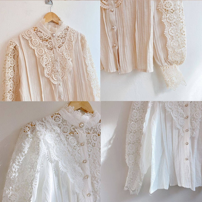 Vintage Solid White Lace Blouse Shirts Women New Korean Button Loose Shirt Tops Female Hollow Casual Ladies Blouses Blusas 12928 0 DailyAlertDeals   