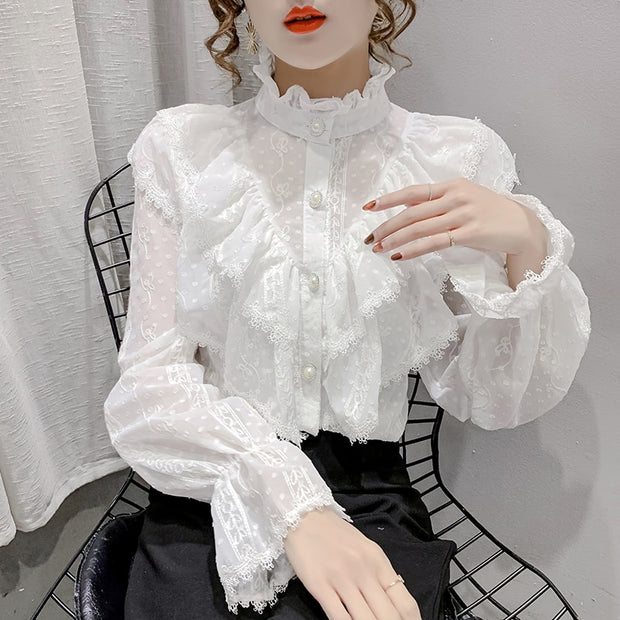 Korean Style Stand Collar Pleated Tops Fashion Ruffle Stitching Elegant Lace Blouse Long Sleeve Loose Chiffon Shirt Blusas 15832 0 DailyAlertDeals White S 