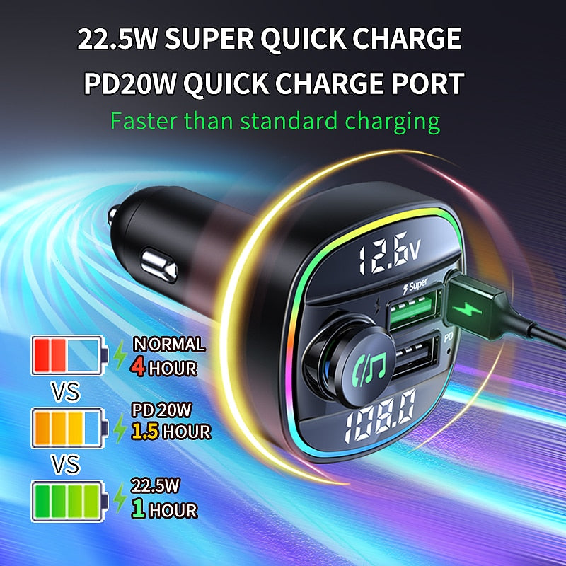Bluetooth 5.0 FM Transmitter Handsfree Car Radio Modulator MP3 Player With 22.5W USB Super Quick Charge Adapter for Car charging adapters for car DailyAlertDeals   