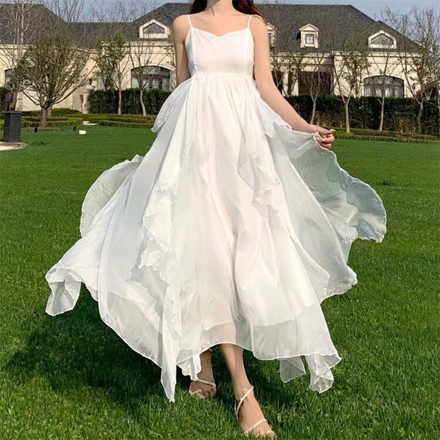 Elegant Chiffon Print Dress Women Retro Sexy Sweet Fit Chic Spaghetti Strap Lace-up Corset Dress Holiday Beach Summer Dress 2022 0 DailyAlertDeals White Strap Dress S(40KG-50KG) 